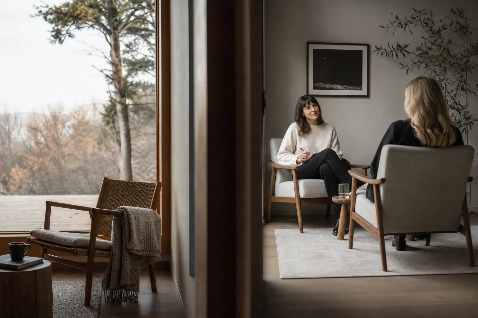 A calm, split scene suggesting a quiet retreat space and a private counseling room, both peaceful
