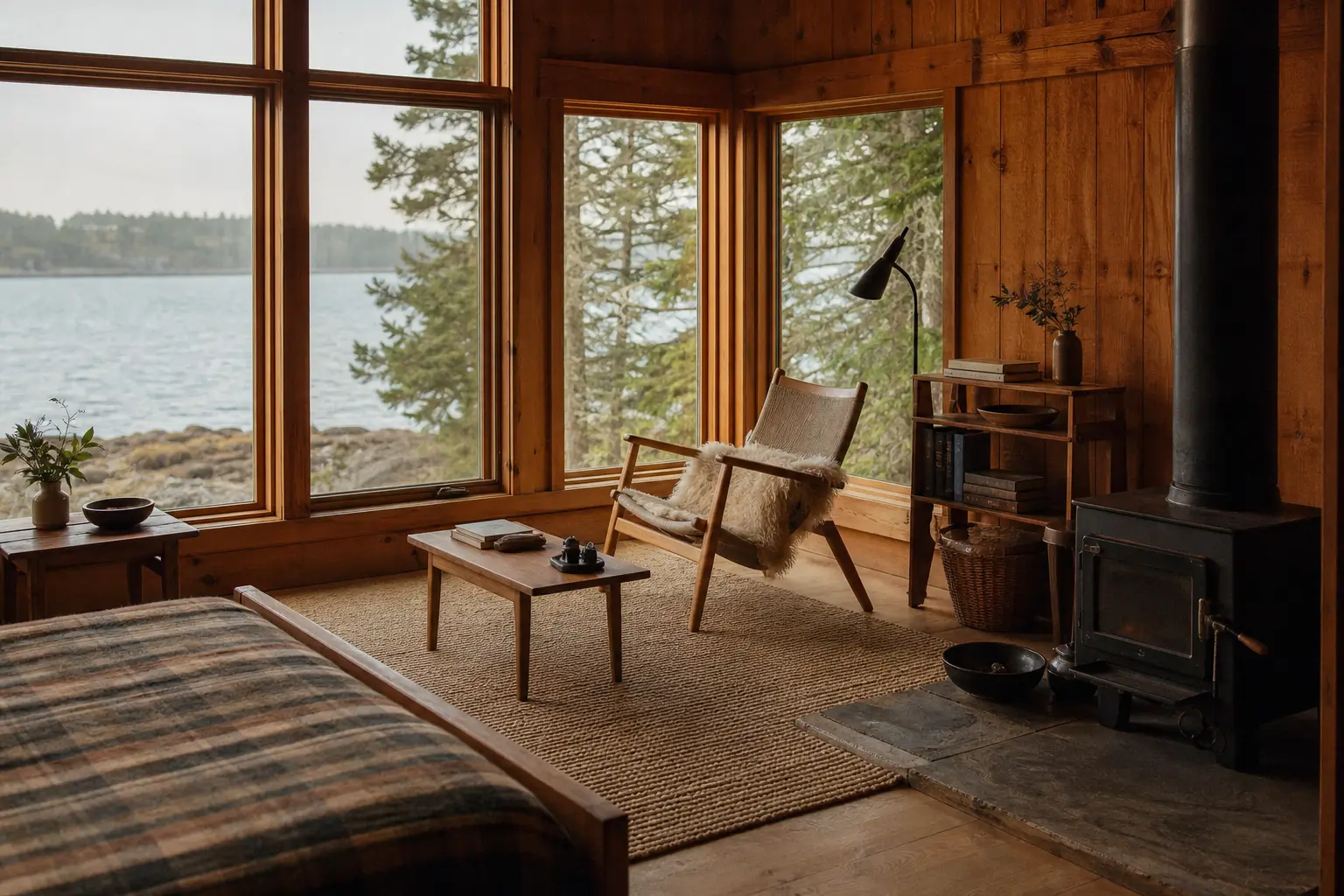 A simple, calm retreat cabin in nature with modest comfortable furnishings and warm light