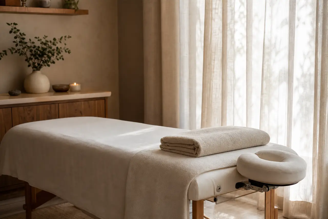 A calm treatment room with a massage table, a folded towel and a face cradle, soft light through a linen curtain