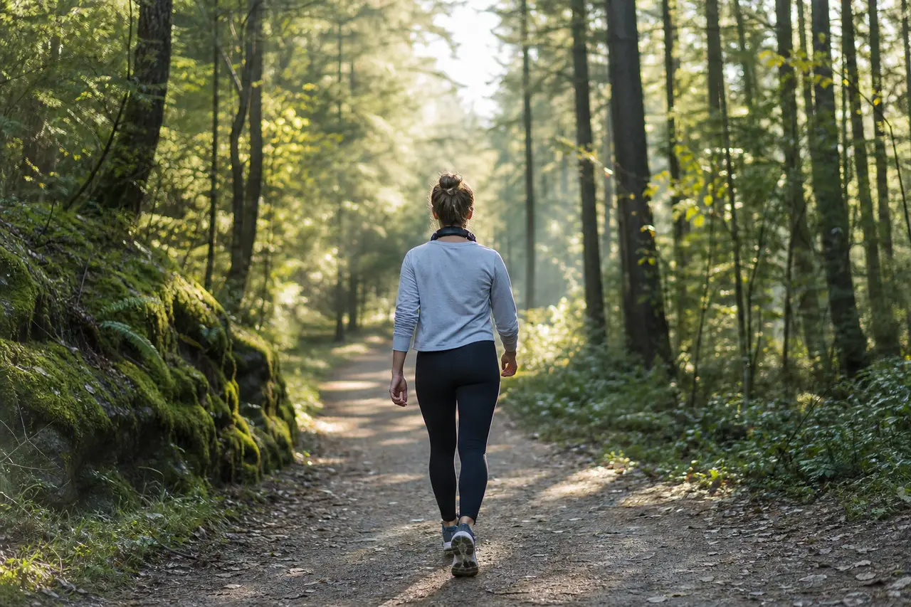 A person walking away along a sunlit forest trail, headphones around the neck, mossy rocks to one side