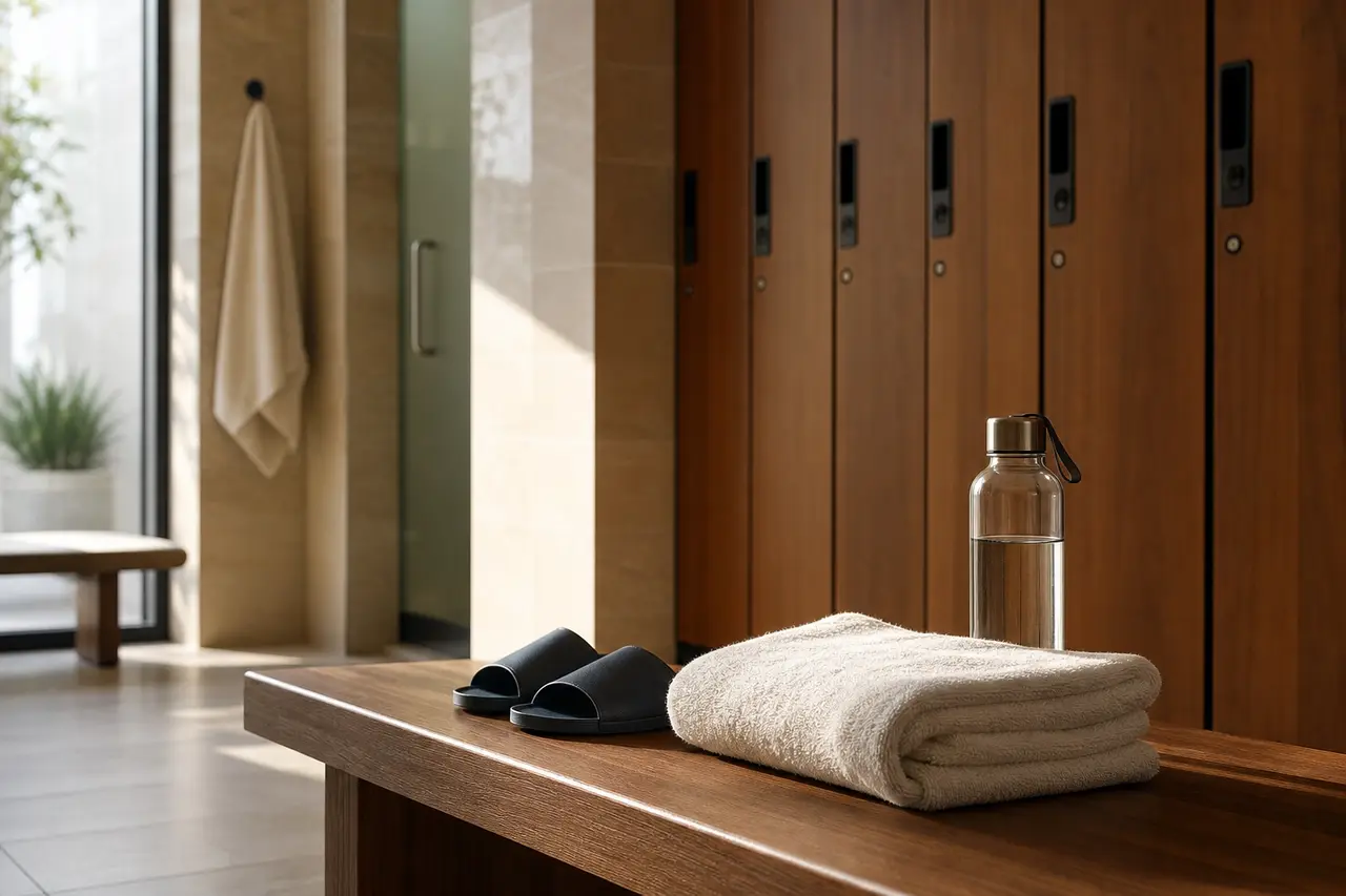 A calm empty locker room with sandals, a folded towel and a water bottle on a bench
