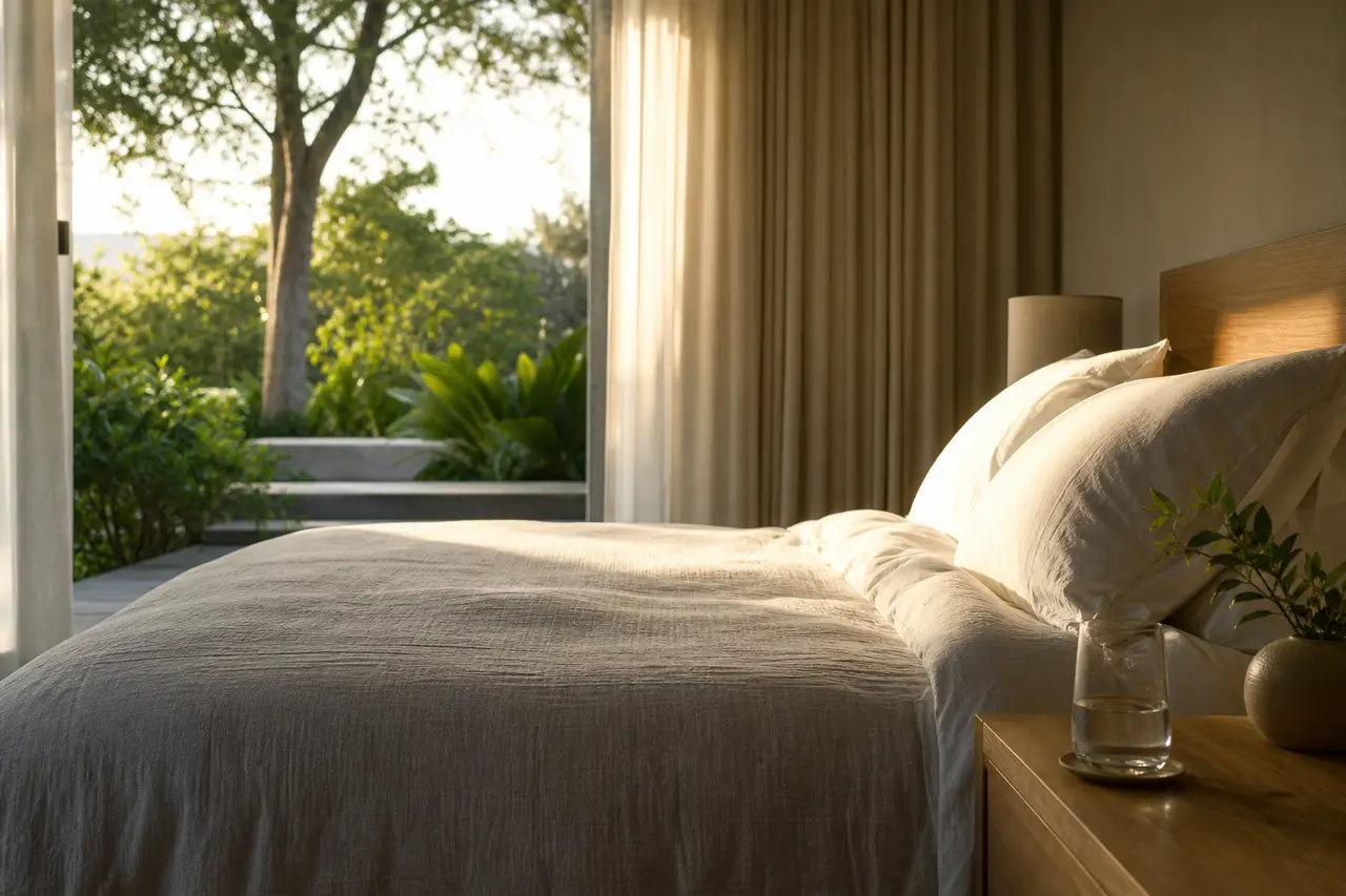 A quiet bedroom at first light, linen bedding, curtains open to a garden and a glass of water on the nightstand
