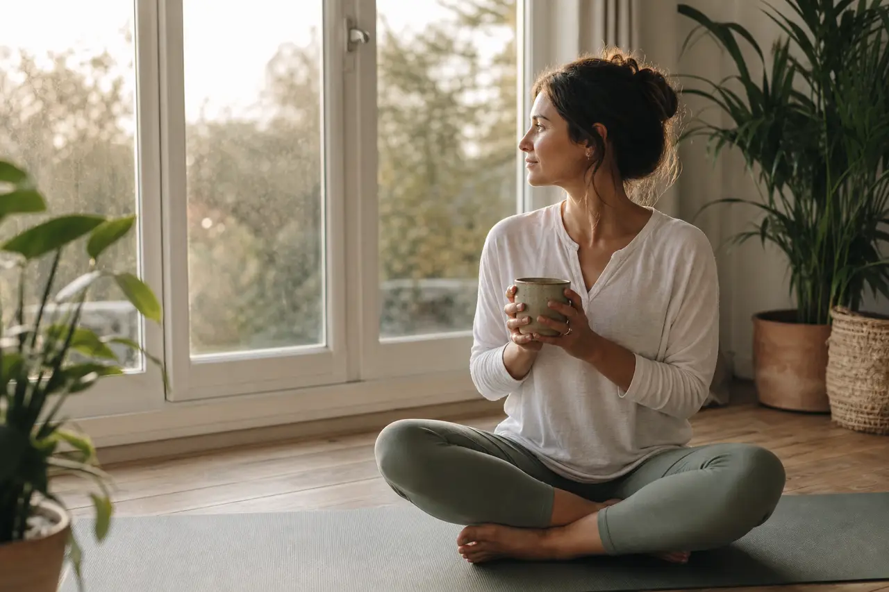 A woman sitting cross-legged on a yoga mat by a bright window, holding a mug of tea and looking outside