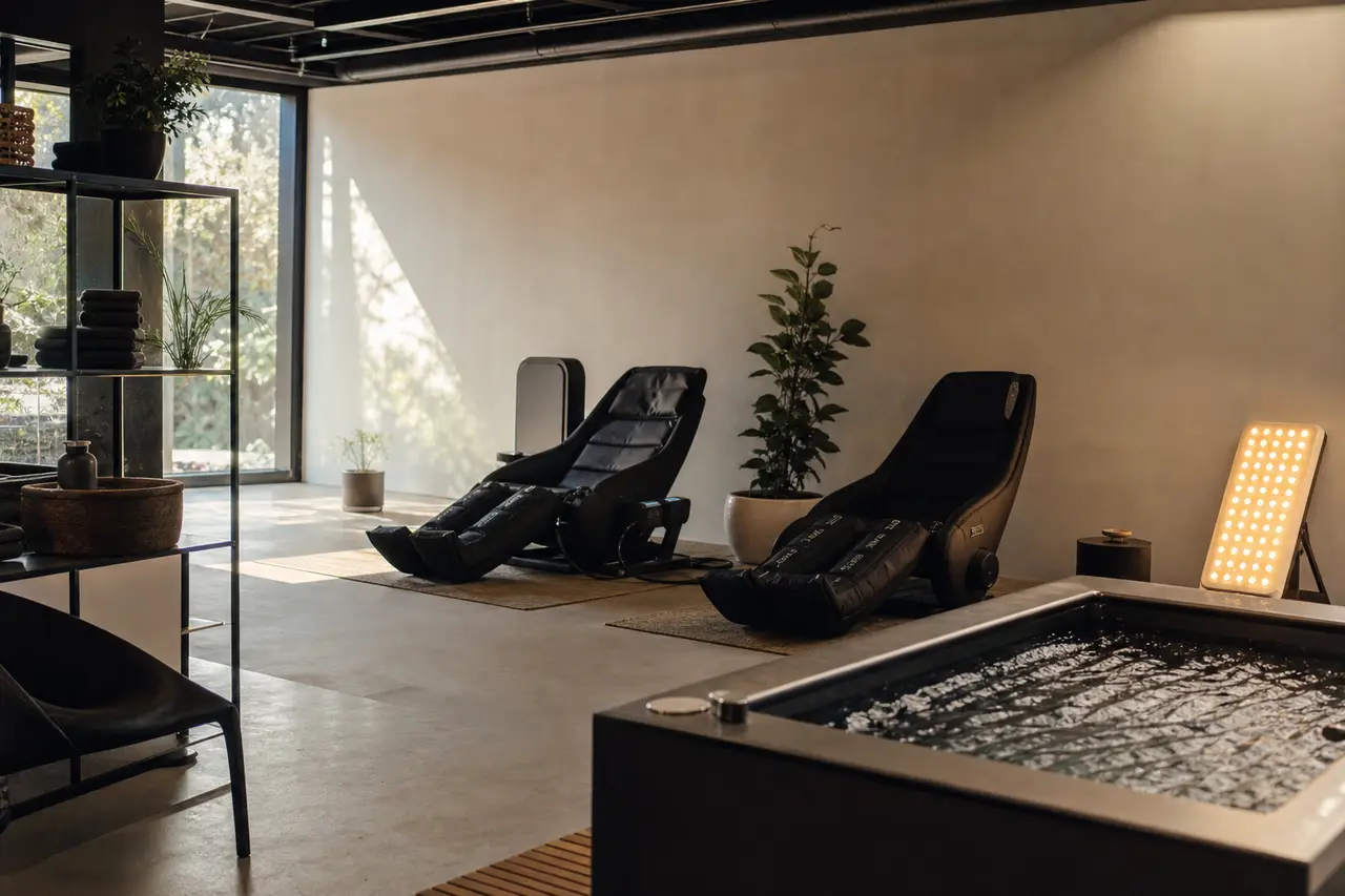 A studio interior with compression boot chairs, a light panel and a cold tub