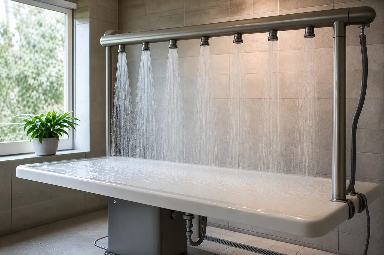 A wet treatment table beneath a horizontal bar of shower heads in a tiled room