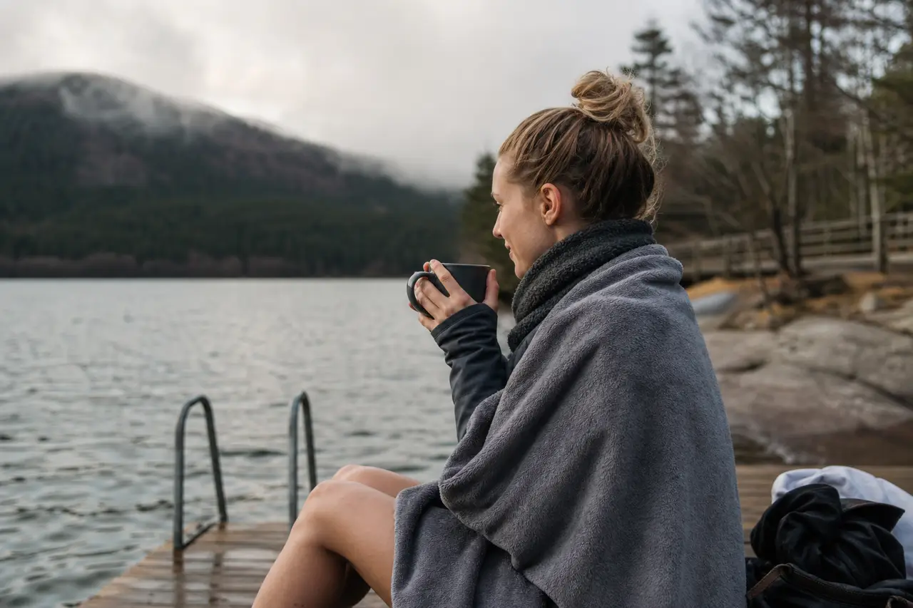 A person wrapped in a towel and warm layers holding a hot drink after a cold plunge outdoors
