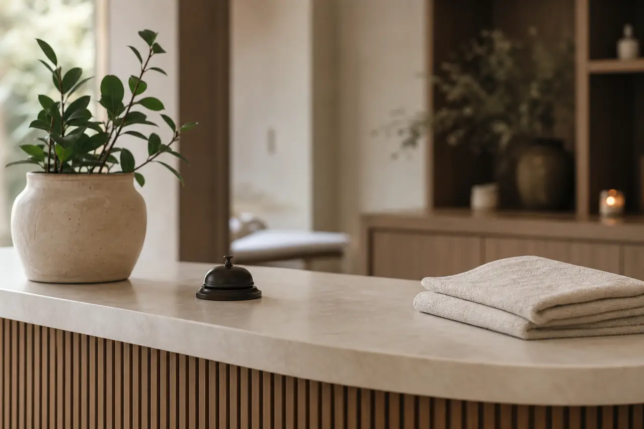 An empty reception desk with a bell, a plant and a folded towel in soft light