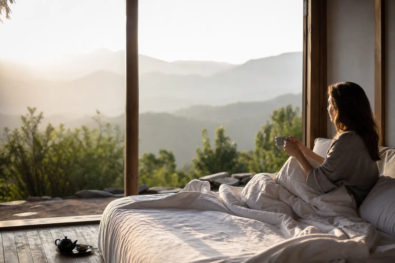 A calm retreat setting suggesting the arc of a few days, soft morning light over a peaceful space