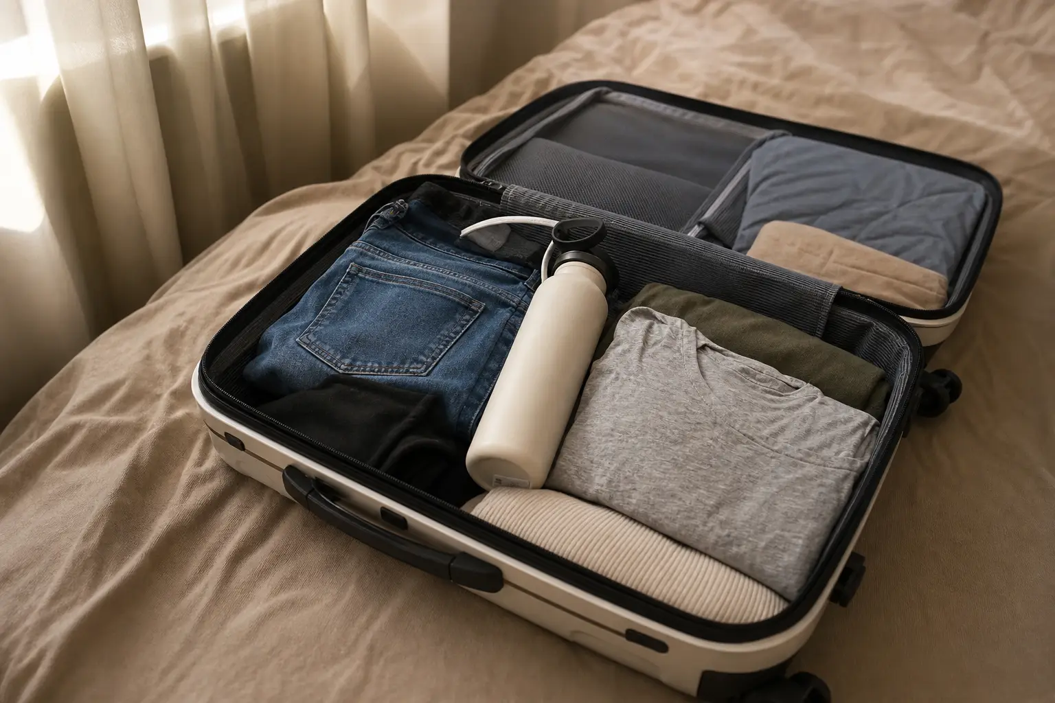 A neatly packed small open suitcase with simple comfortable clothes and a water bottle in soft daylight