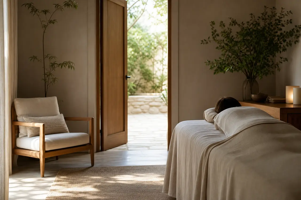 A calm treatment room with an open door, a chair and soft natural light