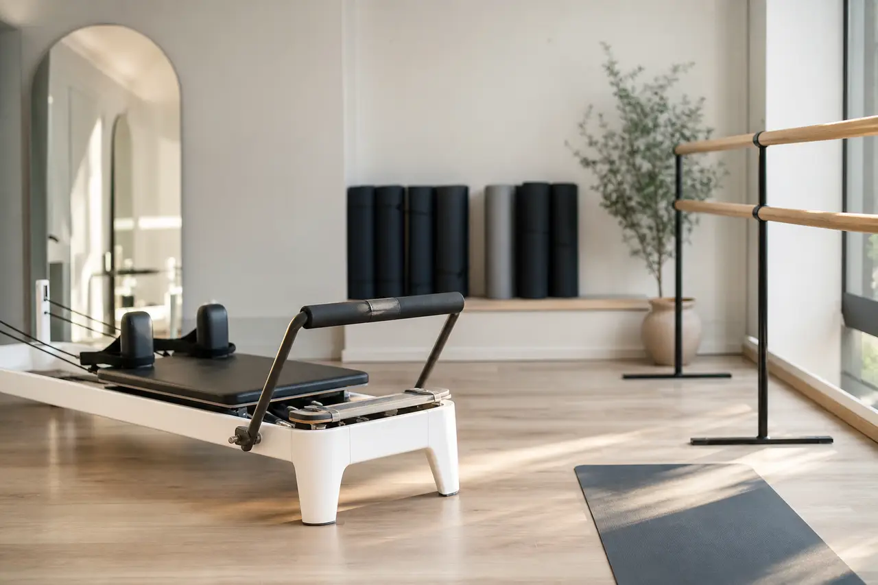 A bright studio with a reformer machine, a ballet barre and rolled mats along the wall