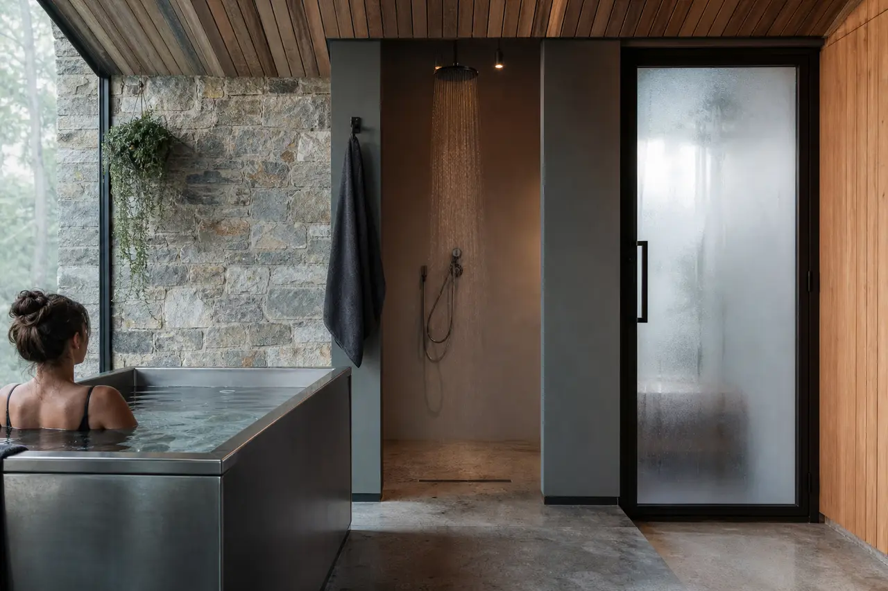 A stainless cold plunge tub, a shower head and a frosted door side by side