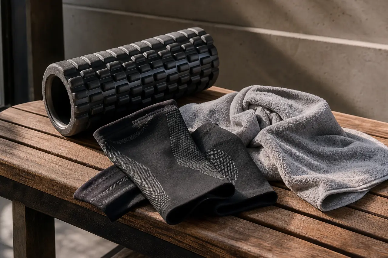 Foam roller, compression sleeves and a towel arranged on a wooden bench