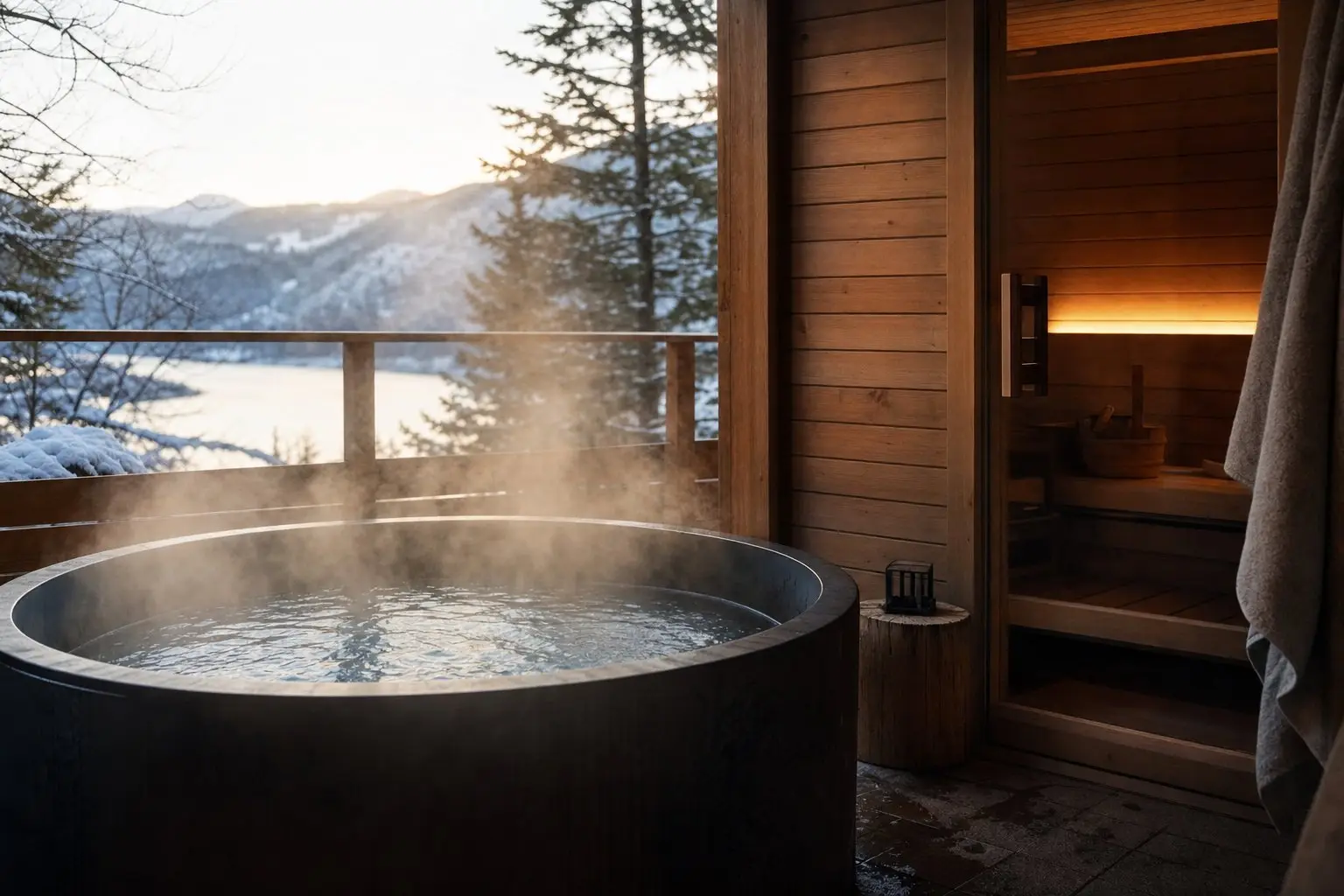 A steaming cold plunge beside a warm cedar sauna in soft morning light