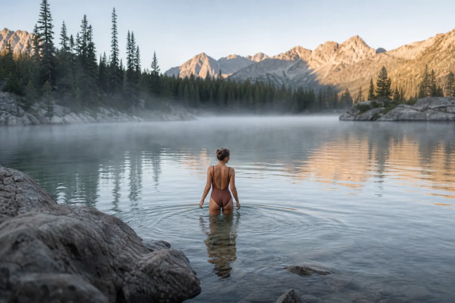 A person wading into a clear mountain lake surrounded by pine trees and rocky shores at dawn, mist rising off the water, soft cool light, peaceful and expansive mood