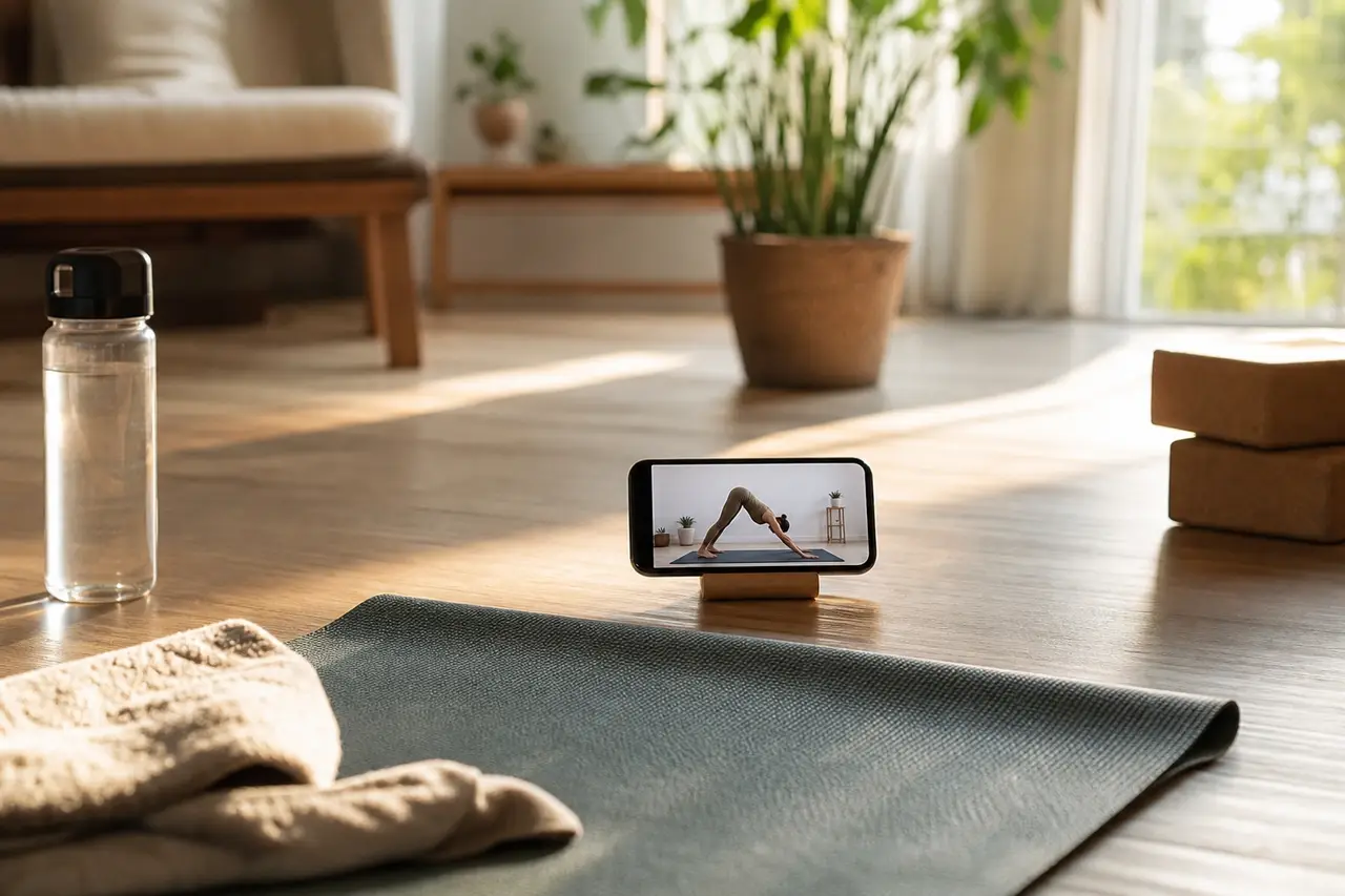 A yoga mat beside a phone propped on a stand in a sunlit living room