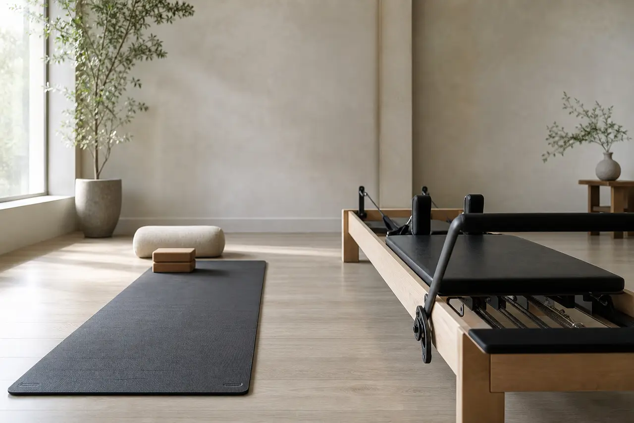 A calm studio with a yoga mat on one side and a Pilates reformer on the other in soft light