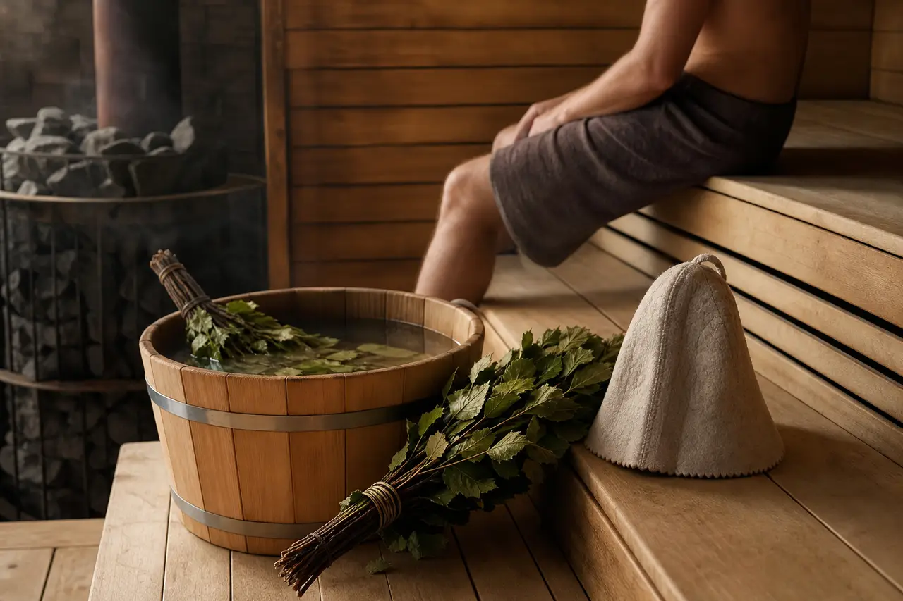 A wooden steam room with tiered benches, birch branches soaking in a bucket and a felt hat