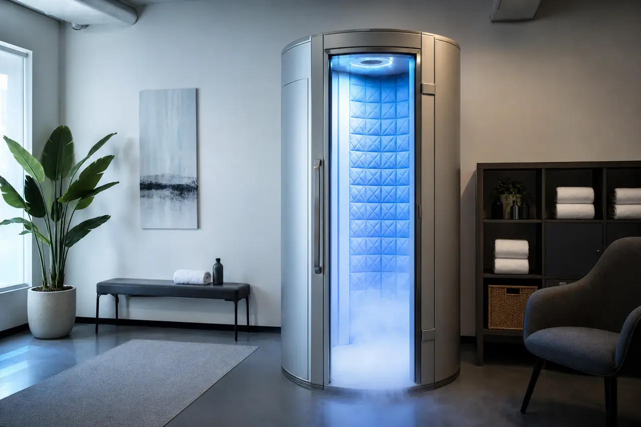 A modern whole-body cryotherapy chamber in a clean recovery studio with cool light