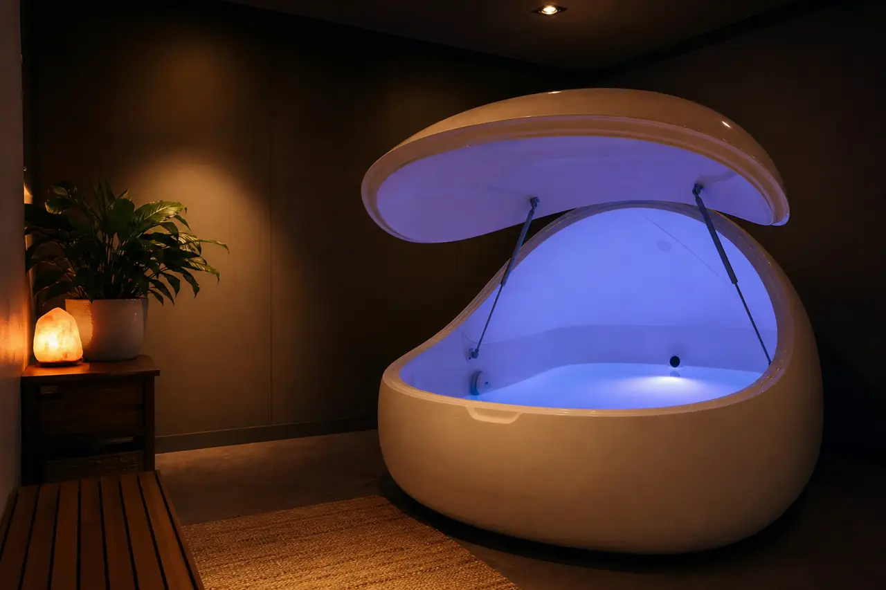 A calm dimly lit float tank room with still water and a soft glow