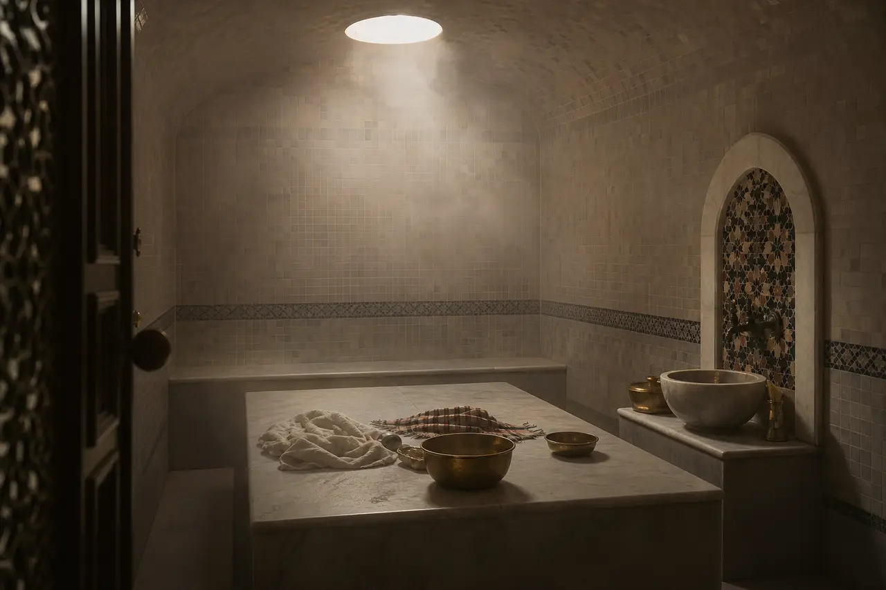 A tiled steam room with a marble slab, brass bowls and soft light from above