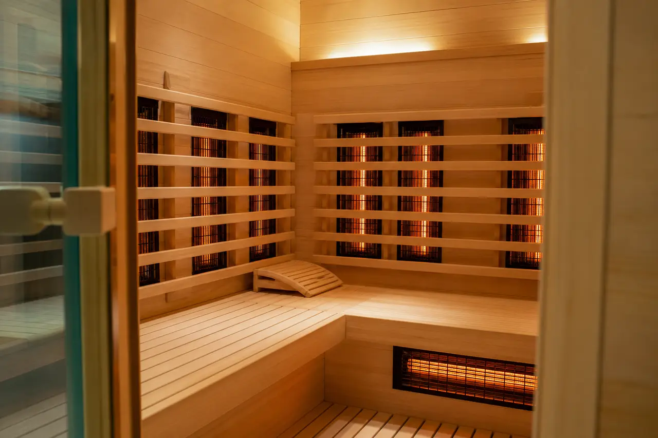 The warm wood-lined interior of an infrared sauna cabin with soft light
