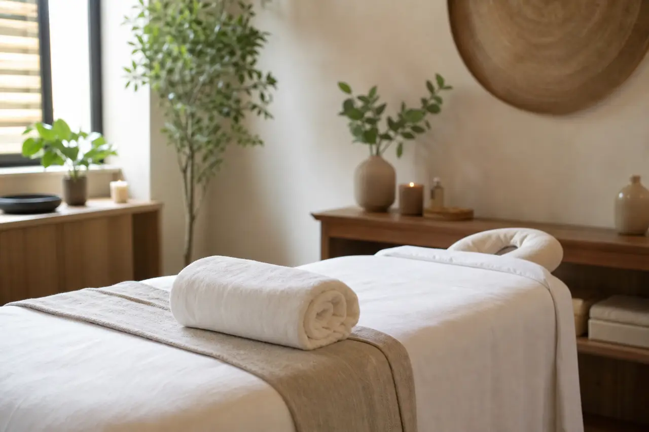 A calm massage room with fresh linens on the table, soft light, and a rolled towel