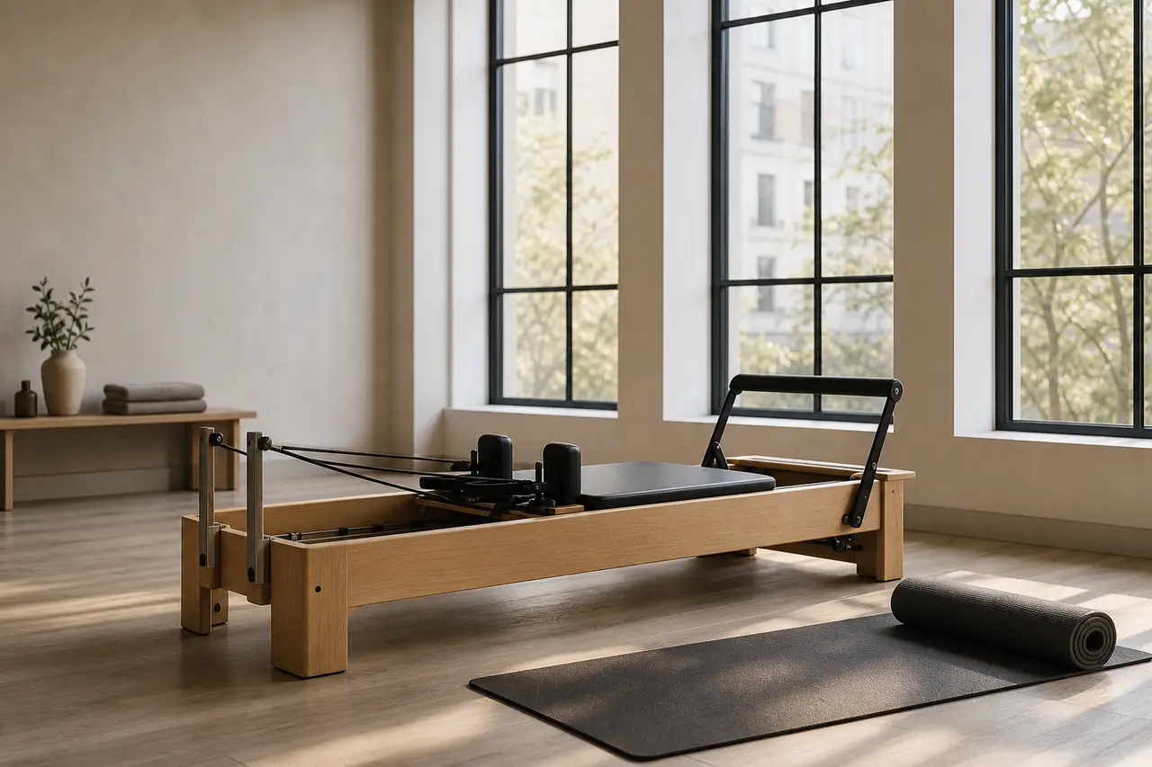 A quiet Pilates studio with a reformer bed, a rolled mat, and soft daylight through tall windows