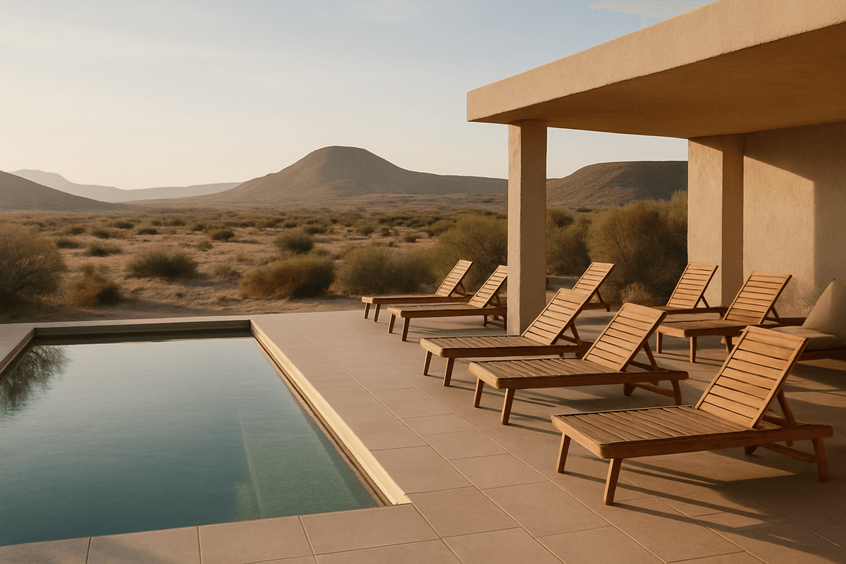 A quiet mid-sized wellness resort terrace with loungers, desert planting and a lap pool in morning light