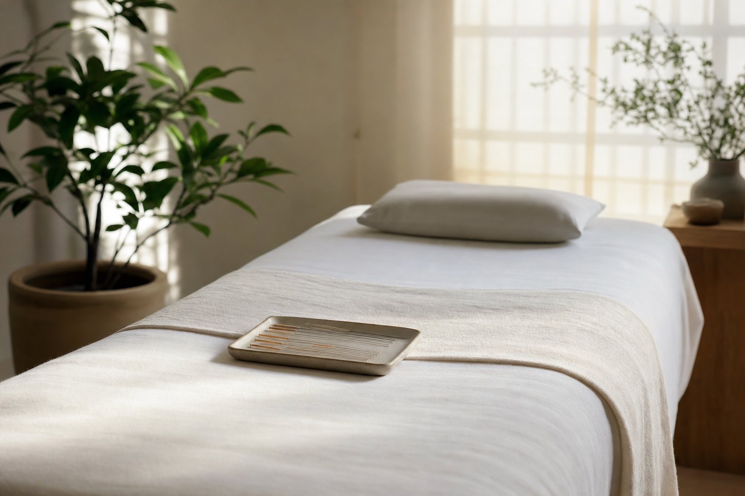 Acupuncture needles and a calm treatment table in a serene clinic room