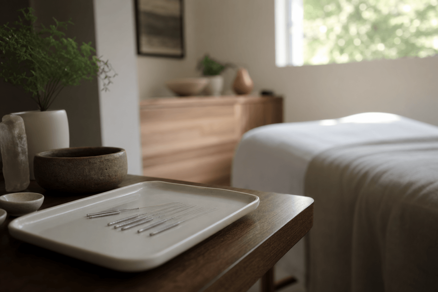 A calm treatment room with fine acupuncture needles laid out on a clean tray in soft light
