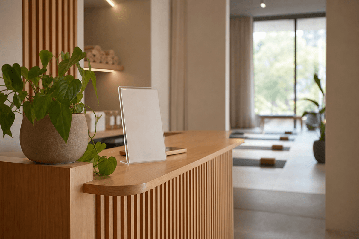A reception desk at a calm wellness studio with a price card, a plant, and soft morning light