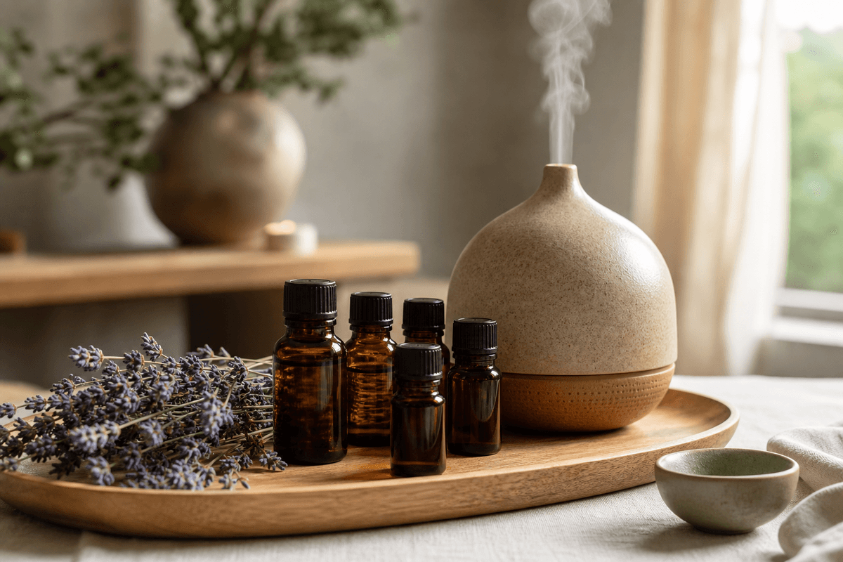 Small amber glass bottles of essential oils arranged on a wooden tray beside dried lavender and a ceramic diffuser in a calm, naturally lit wellness room