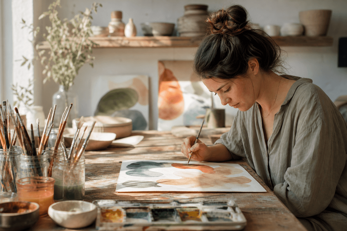 A person painting with watercolors at a wooden table in a sunlit studio, colorful abstract shapes on the page, brushes and jars of pigment arranged nearby, warm natural light, reflective and absorbed mood
