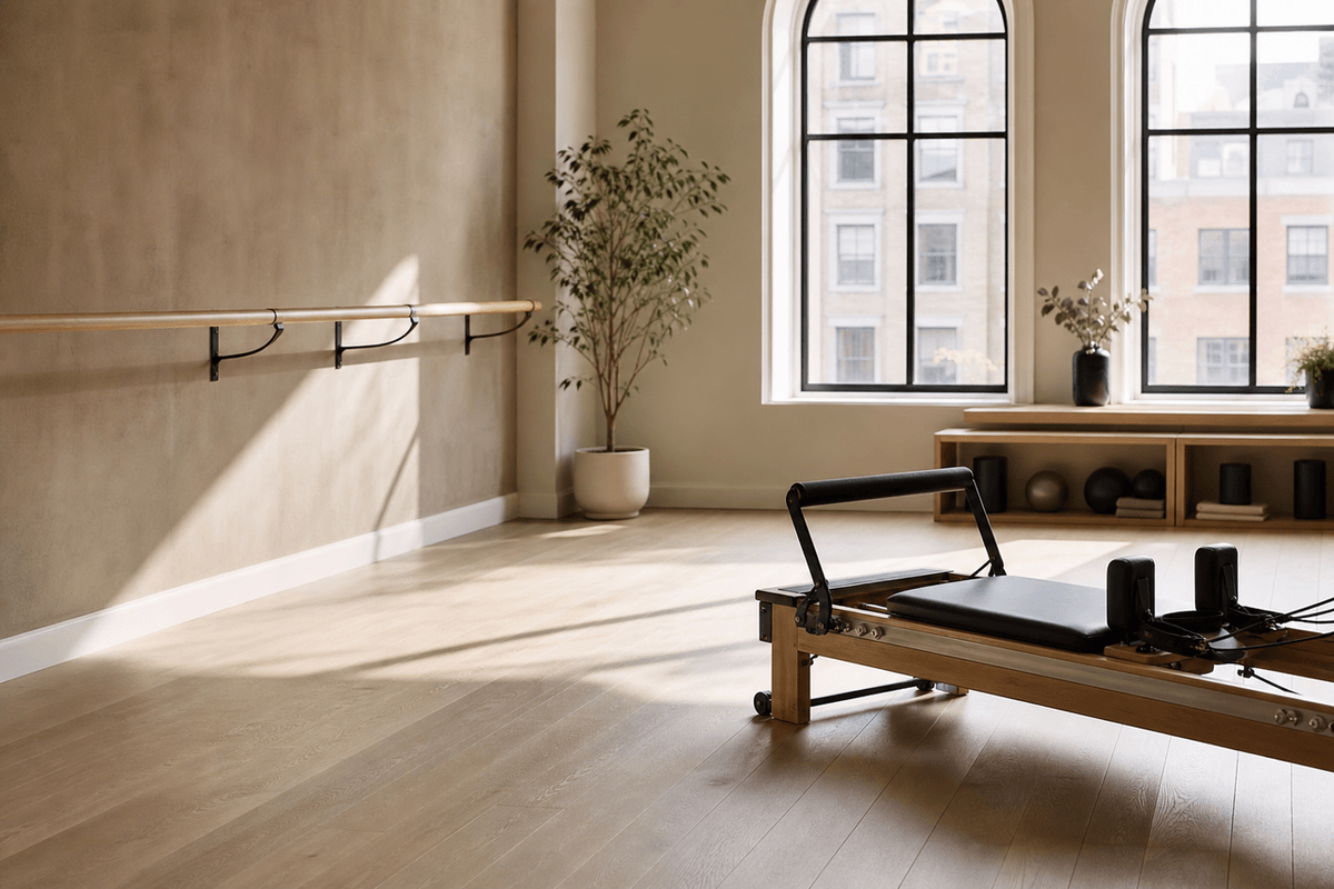 A studio with a ballet barre on one wall and a Pilates reformer on the other, calm daylight