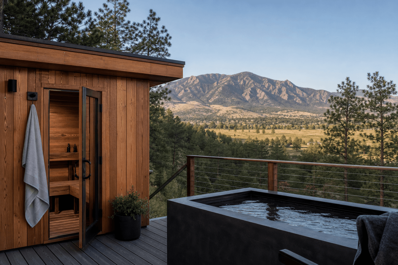 A cedar sauna and cold plunge on a sunlit deck with the Front Range foothills in the background near Boulder