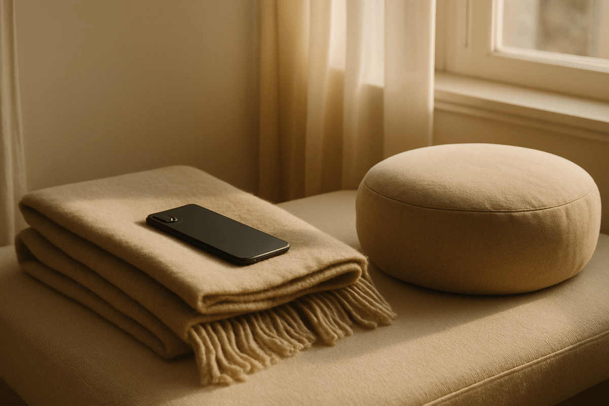 A phone resting on a folded blanket beside a cushion in soft morning light