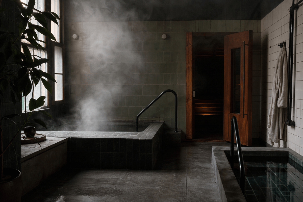 Steam drifting through a dimly lit tiled bathhouse with a wooden sauna door and a cold plunge in New York