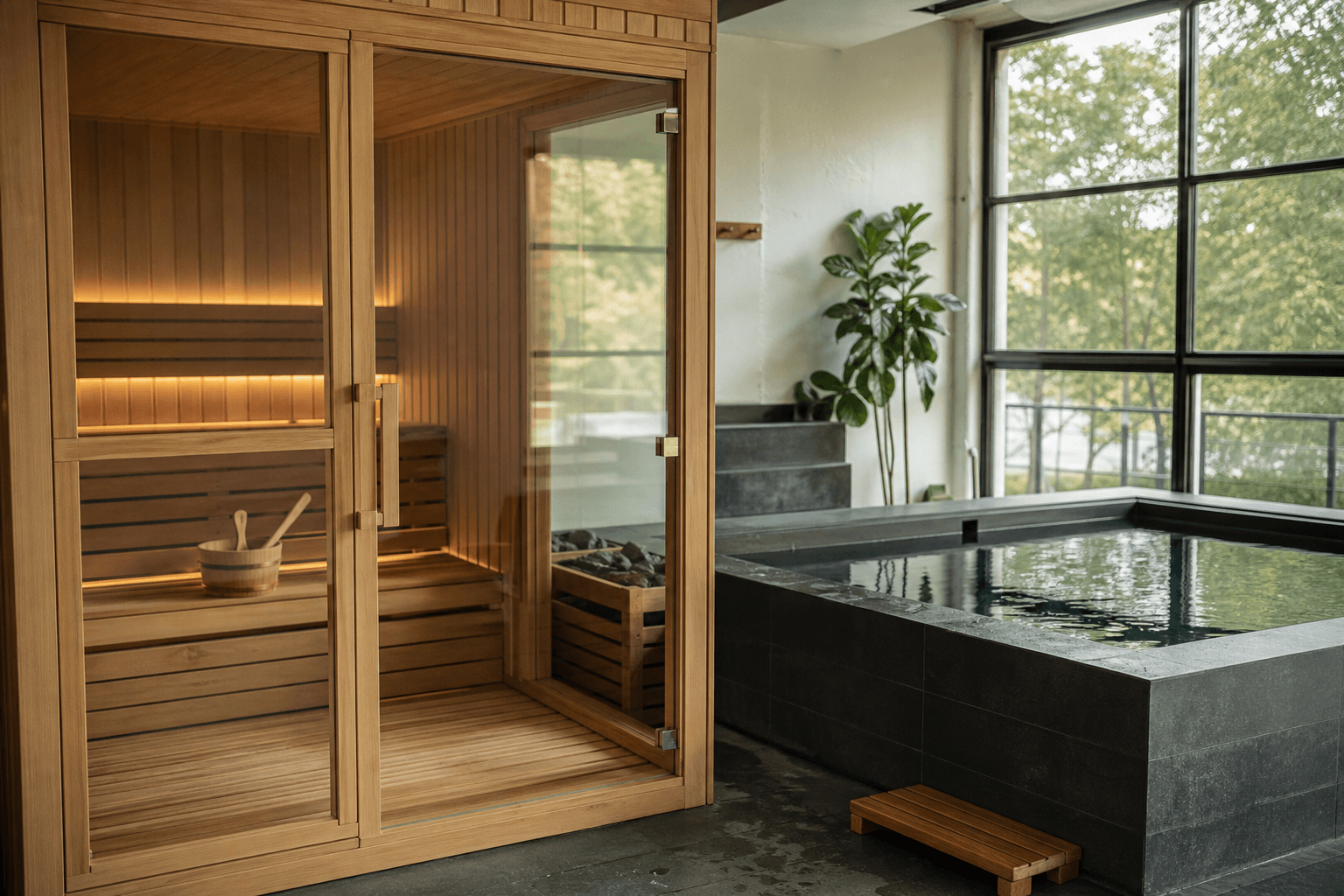 A warm wood sauna next to a cold plunge tub in a modern Atlanta studio with soft light