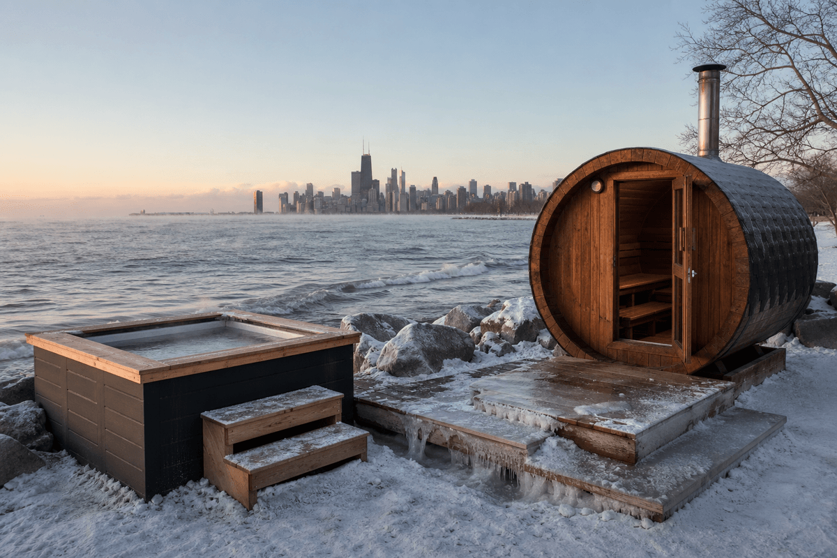 A wood-fired sauna and a cold plunge by a frosty lakefront in soft winter light in Chicago