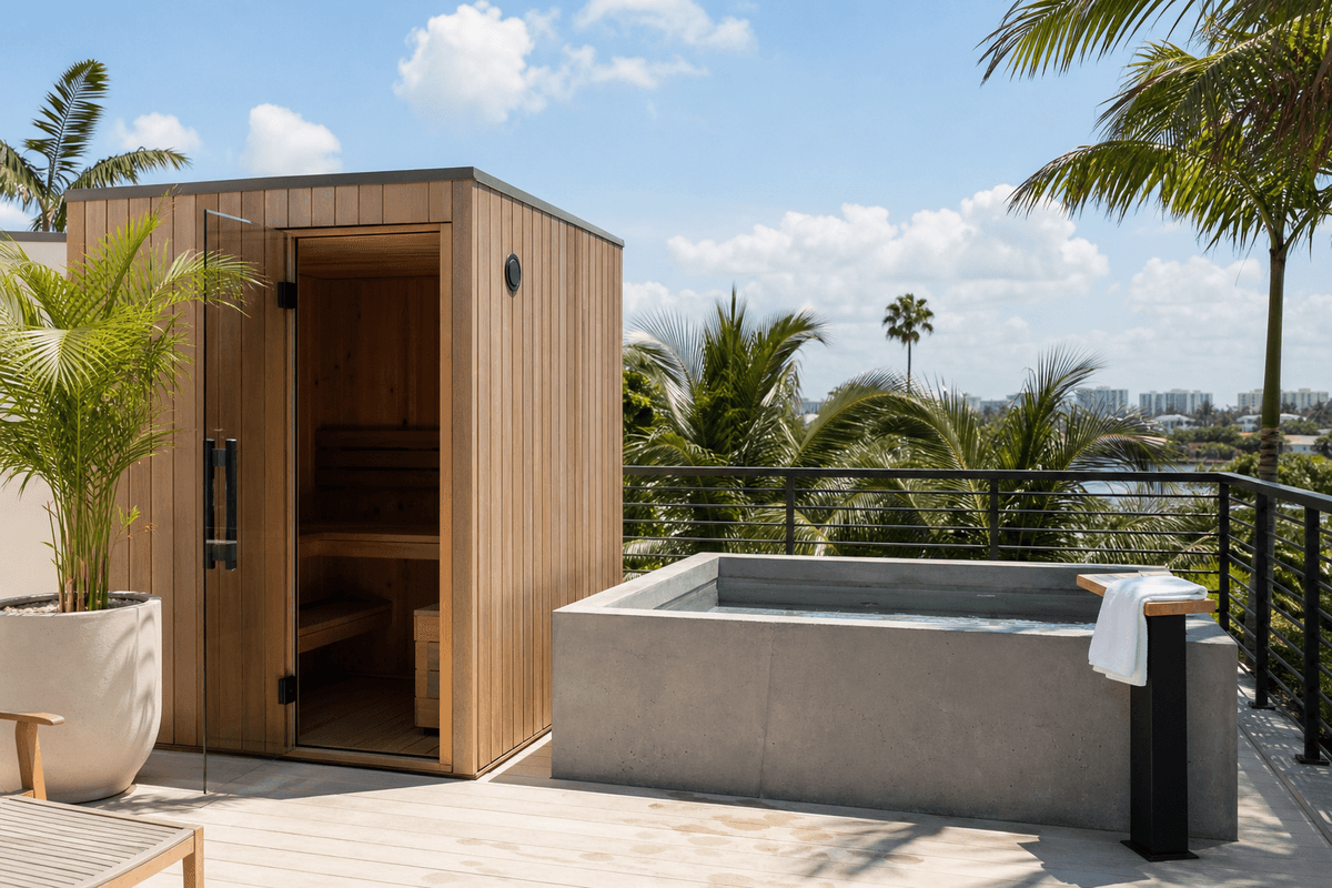 A sleek modern sauna and cold plunge on a sunlit Miami deck with palms and bright sky