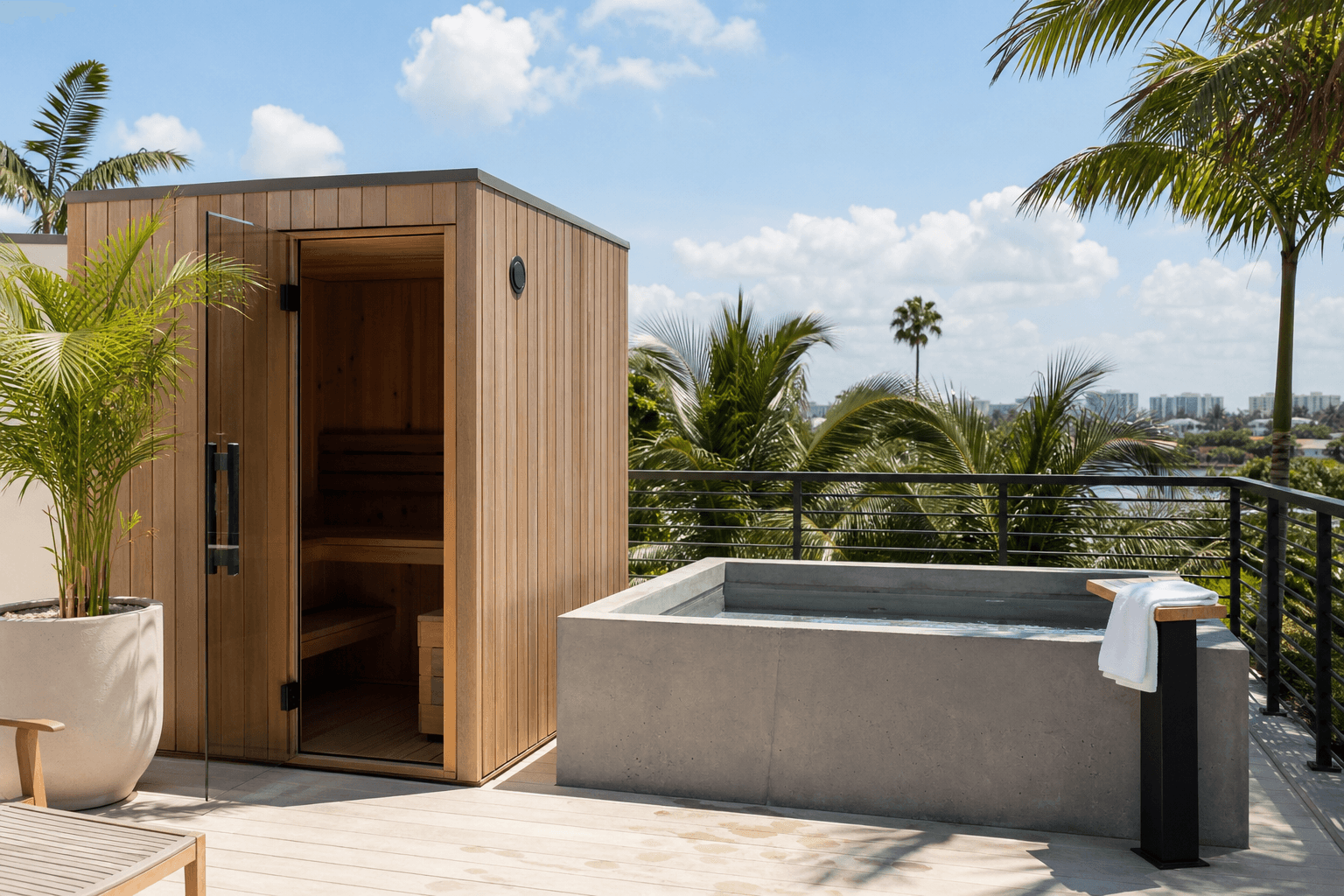 A sleek modern sauna and cold plunge on a sunlit Miami deck with palms and bright sky