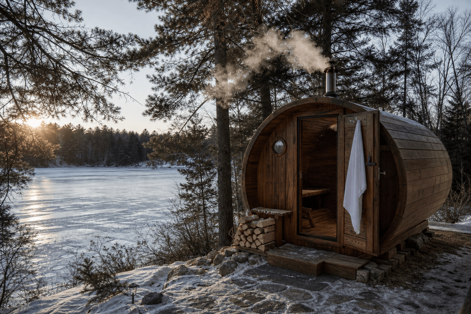 A wood-fired sauna beside a frozen lake in Minnesota winter, steam rising against snow and evergreens