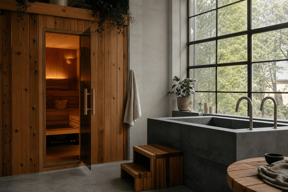 A warm wood sauna next to a cold plunge tub in a modern studio with soft light, calm and inviting