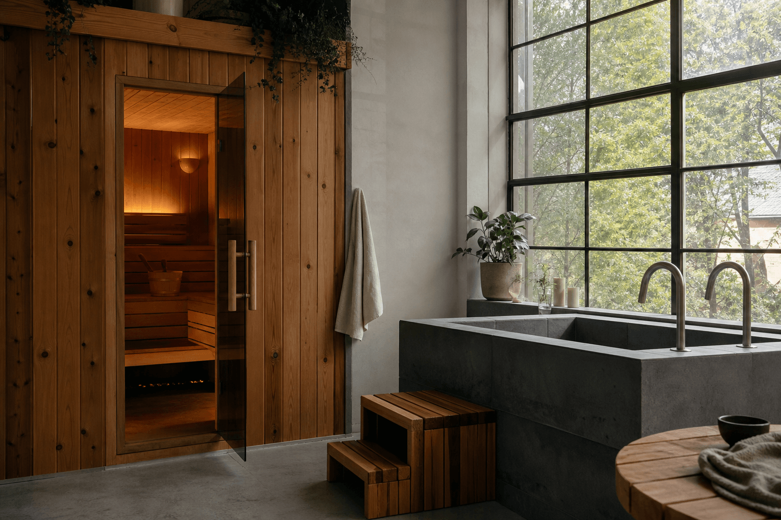 A warm wood sauna next to a cold plunge tub in a modern studio with soft light, calm and inviting