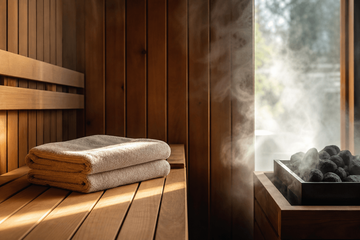 Steam rising in a wood-lined sauna with soft light, towels folded on a cedar bench