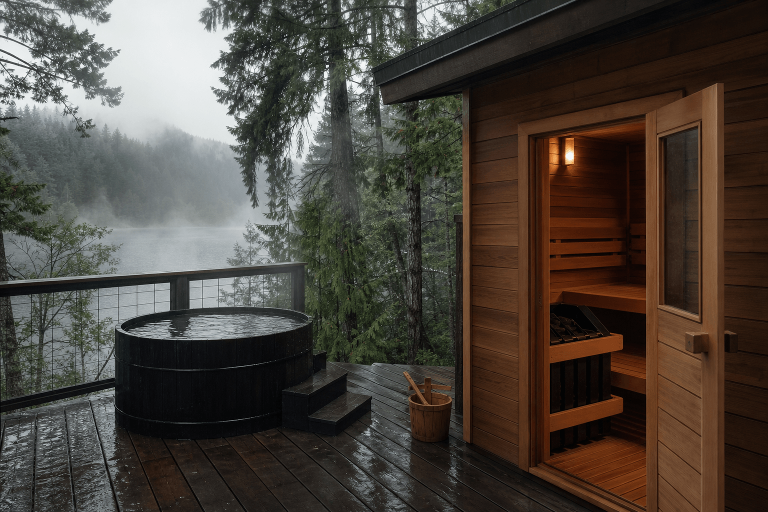 A wood sauna beside a cold plunge tub on a misty Pacific Northwest deck surrounded by evergreens