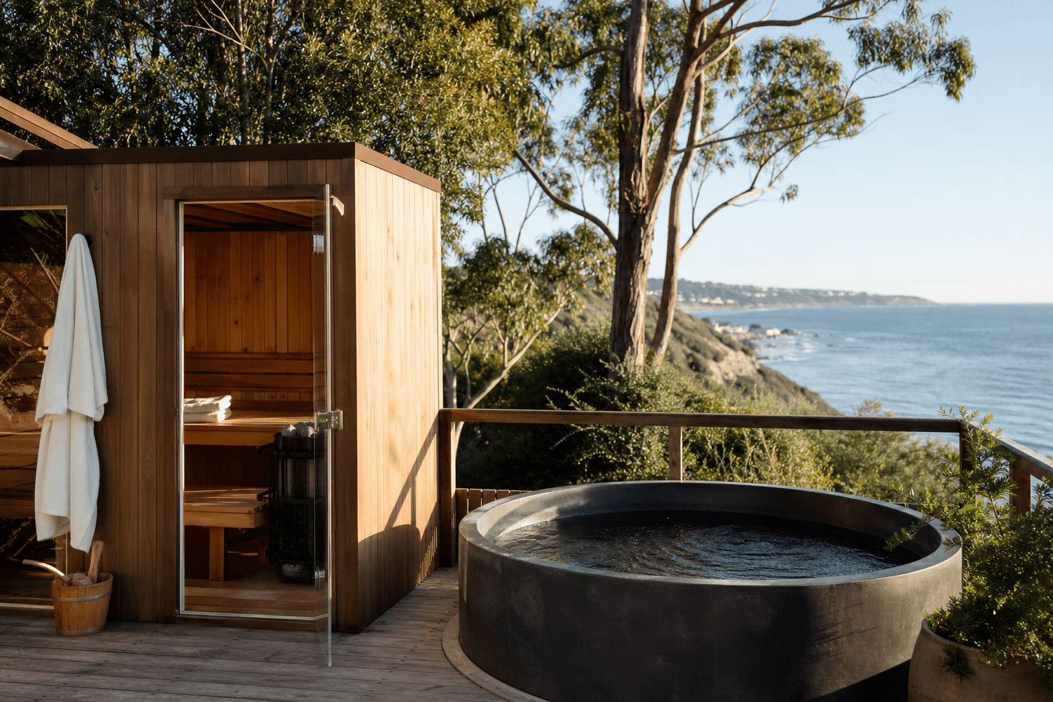 A wood sauna and a cold plunge tub on a sunlit outdoor deck near the California coast
