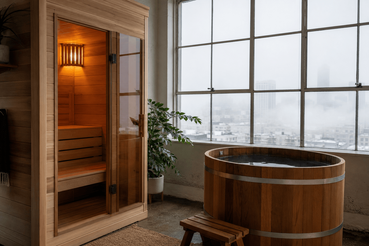 A cedar sauna and cold plunge tub in a light-filled San Francisco studio with fog visible through the window