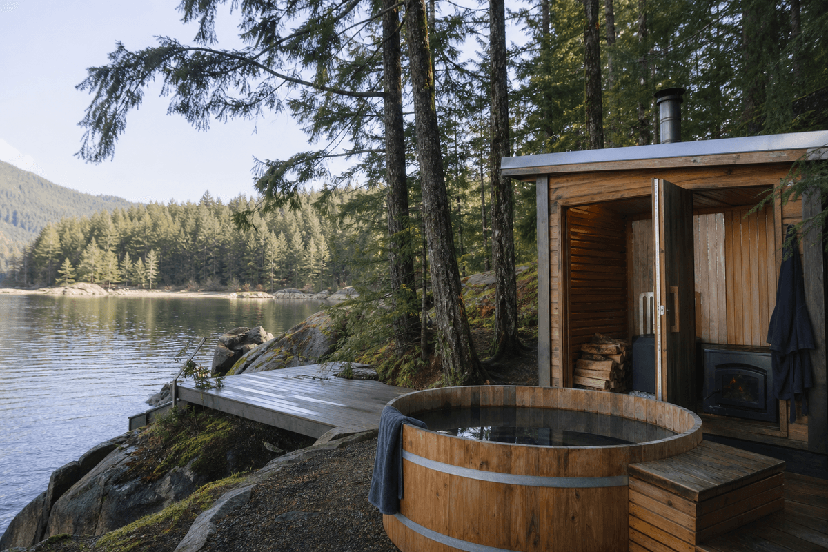 A wood-fired sauna and a cold plunge beside a calm lake with evergreen trees and soft Pacific Northwest light
